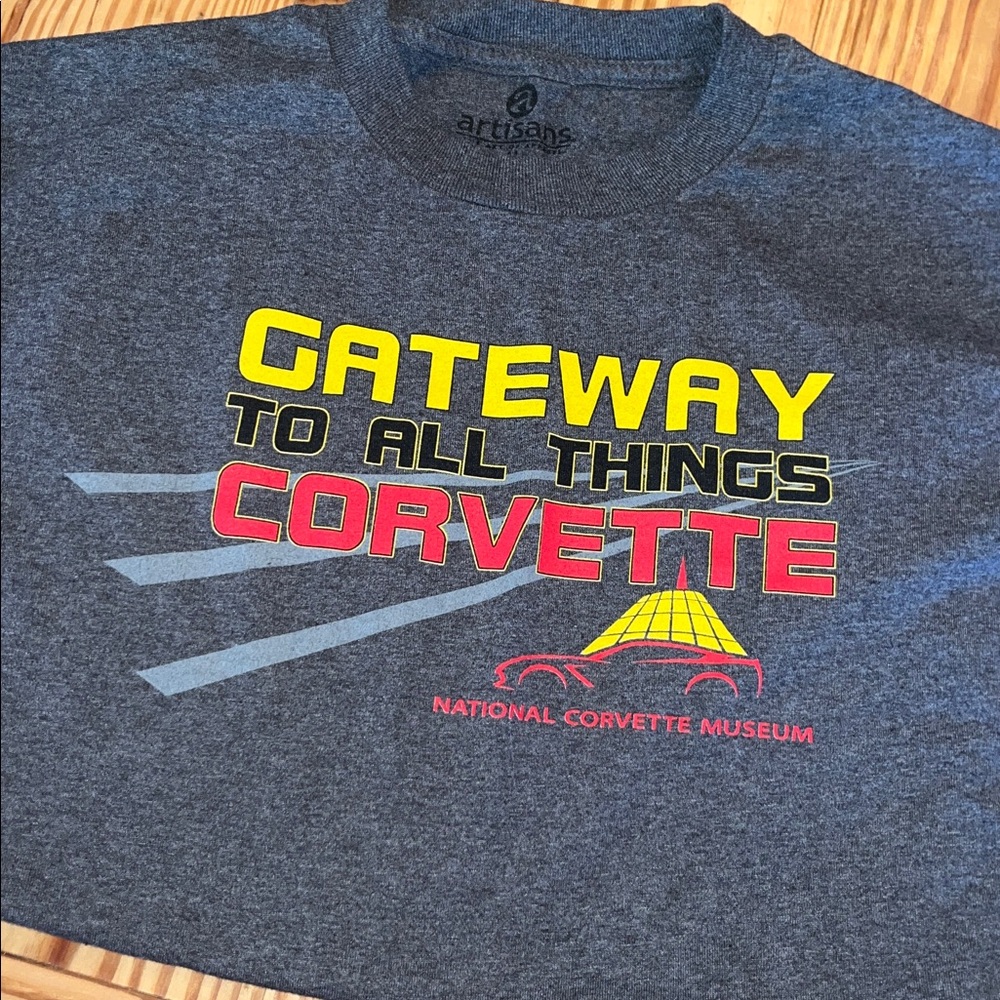 Artisan Gray T-Shirt with Red and Yellow Corvette Design